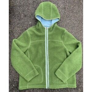 Women’s LL Bean Deep Pile Hooded Fleece Jacket Floral Trim Green Sz Large